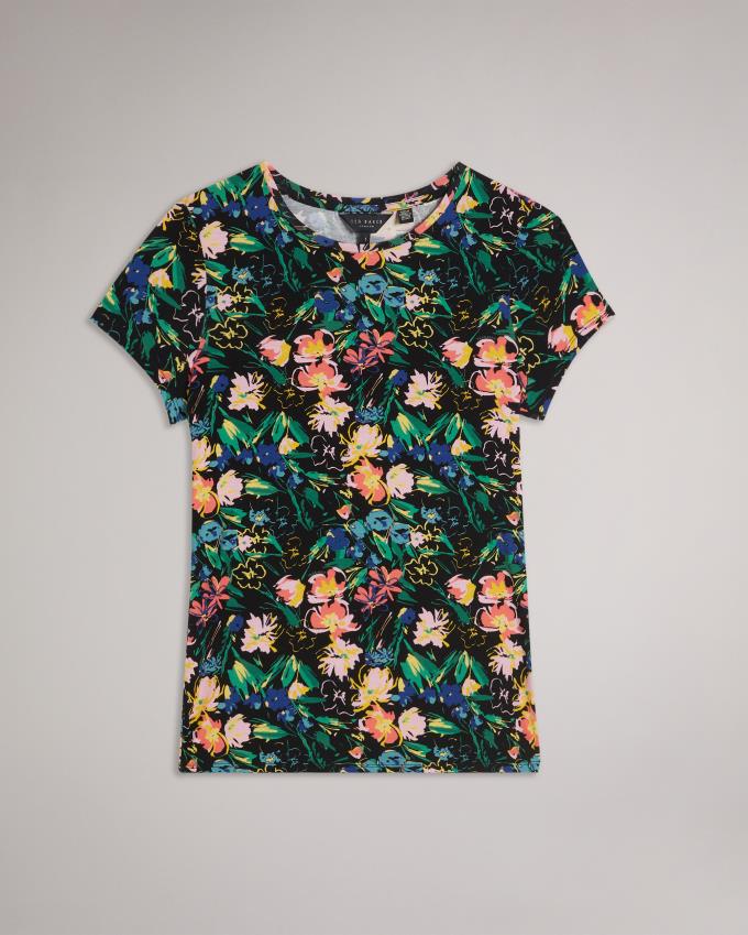 T-Shirt Ted Baker Sketchy Magnolia Print Fitted Noir Femme | OUS-82195285